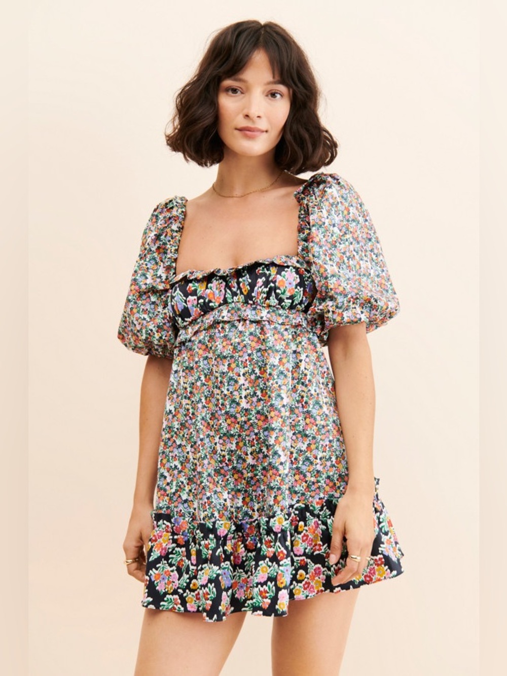 New! For Love And Lemons Hudson Black Floral Puff-Sleeve Mini Dress 🌸 Medium - Picture 1 of 13